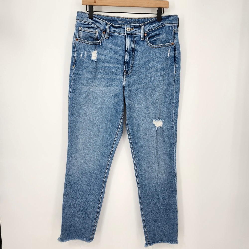 Old Navy Womens OG Straight Jeans Size 12 Distressed Raw Hem High Rise Denim - Picture 2 of 8